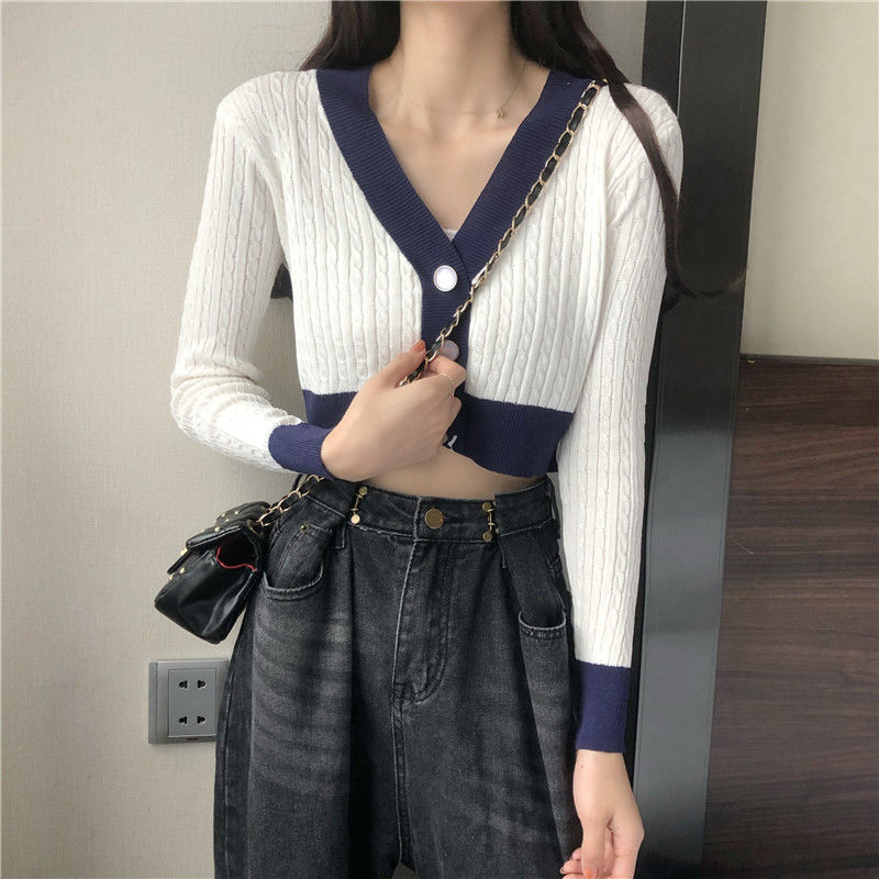 Áo Cardigan Dệt Kim Tay Dài Cổ Chữ V Màu Tương Phản Hợp Thời Trang Cho Nữ