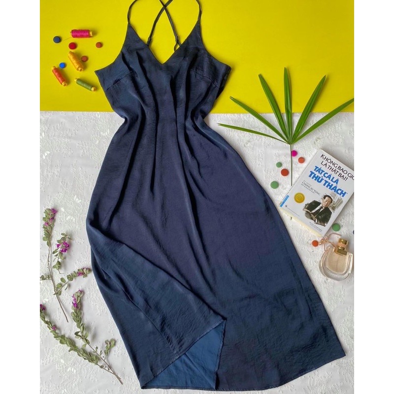 Đầm lụa dây chéo lưng Infashion xanh | BigBuy360 - bigbuy360.vn