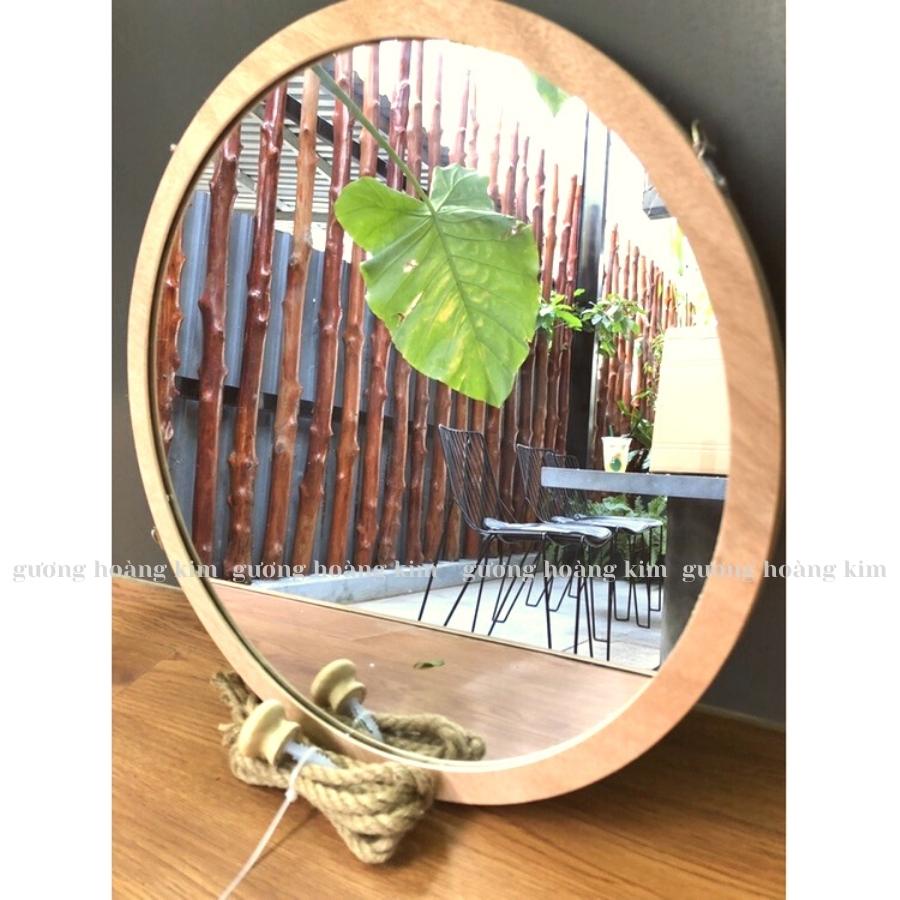 Gương tròn trang điểm, gương viền gỗ decor kèm phụ kiện đường kính 45cm, gương trang trí treo dây thừng KGR01