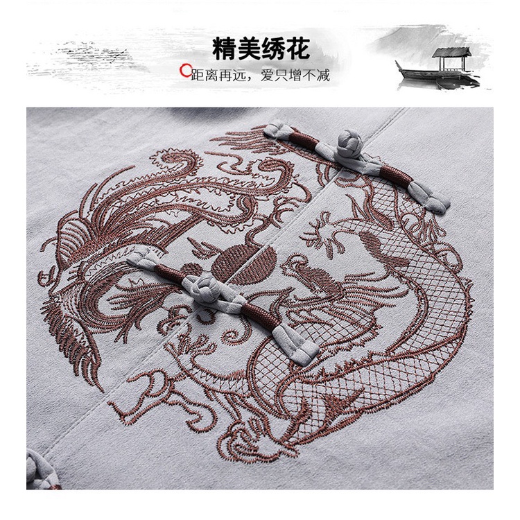 Bộ quần áo đũi trung niên nam , Bộ mặc nhà cổ tàu nhẹ mát thêu long phượng sum vầy, Phong cách sang trọng