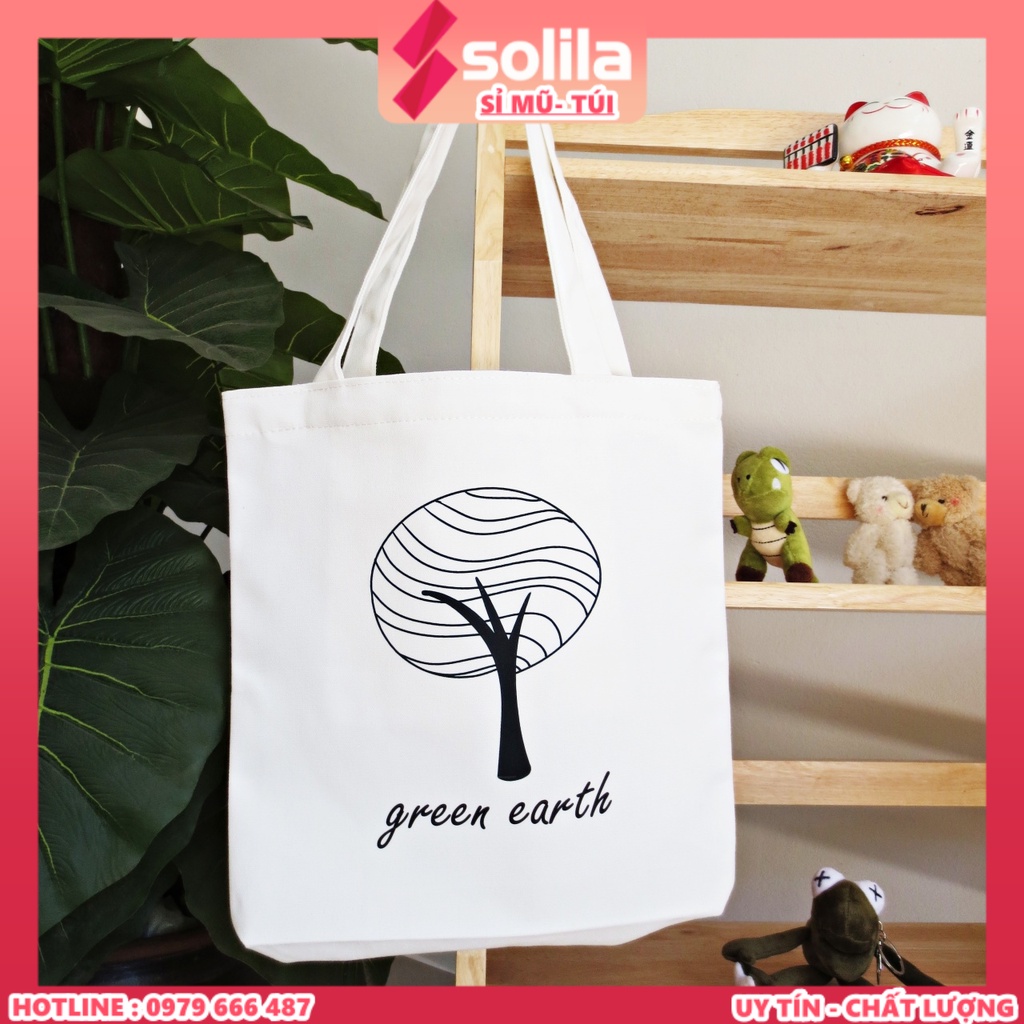 Túi tote 2 quai vải canvas in hình Greend Earth A4 có khóa miệng tiện dụng
