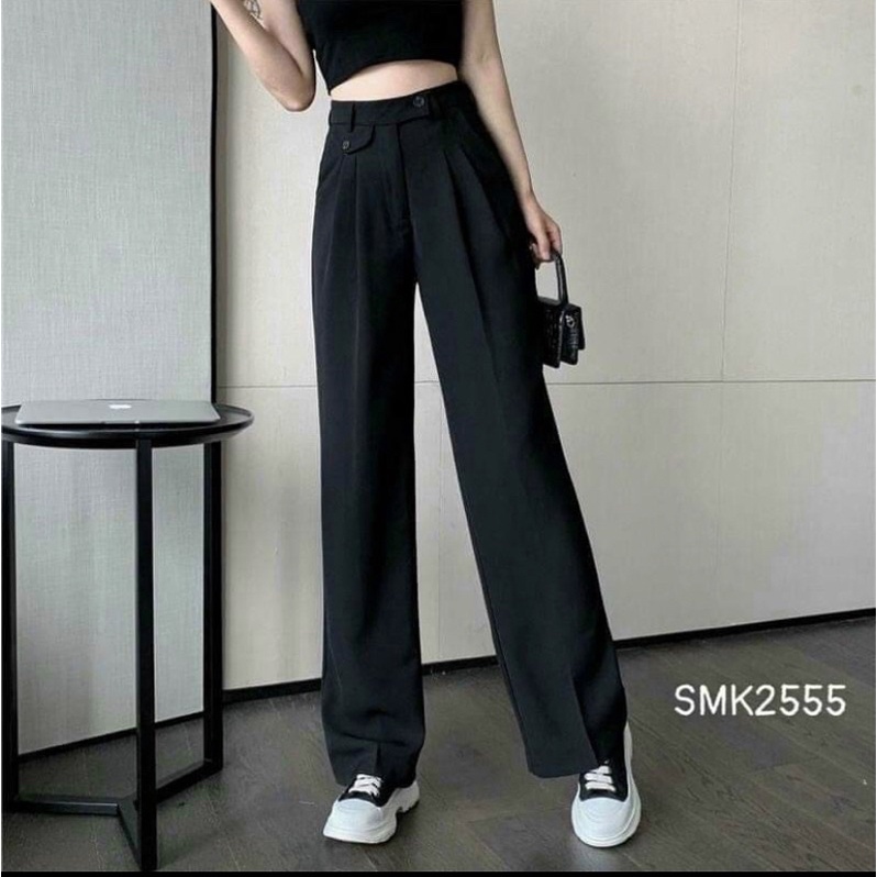 Quần vải suông cúc lệch lưng cao tôn dáng, Quần suông basic full màu