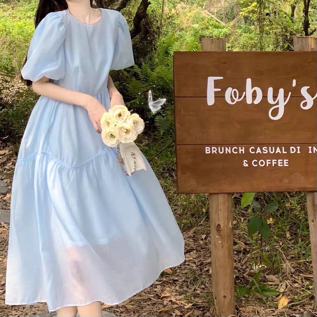 Đầm babydoll MURIOKI tay ngắn phồng cổ tròn phong cách Pháp thời trang 2022 cho nữ