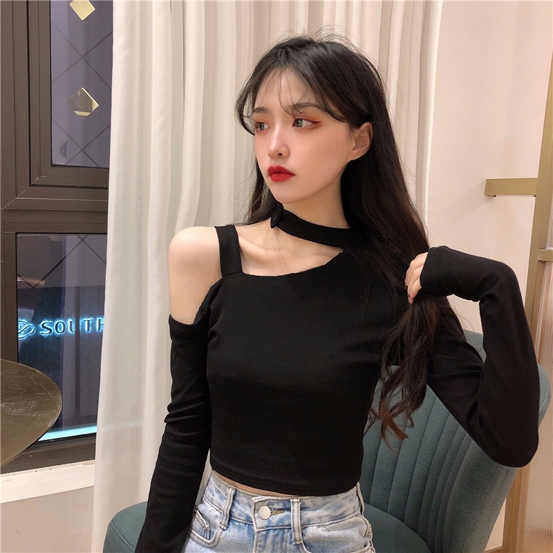 ZHELIHANGFEI Áo Thun Tay Dài Trễ Vai Form Ôm Kiểu Dáng Quyến Rũ