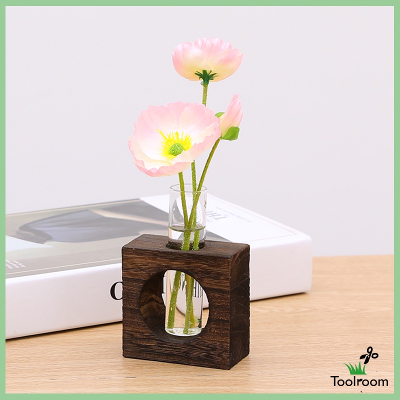 Lọ hoa thủy tinh có bệ đỡ bằng gỗ phong cách nghệ thuật thời trang