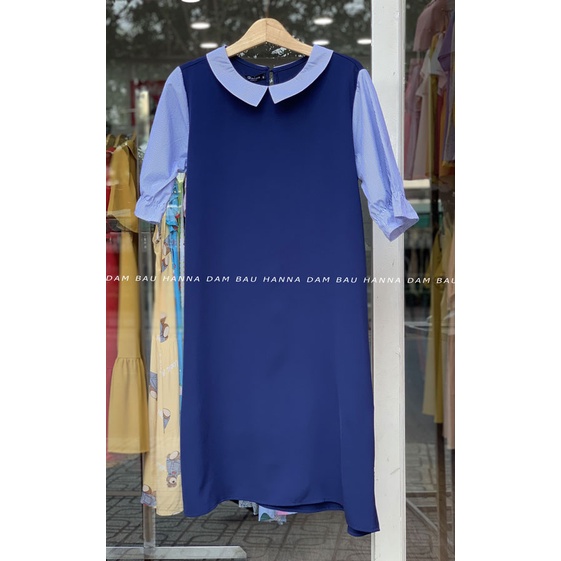 [SIZE 40-80KG] Đầm bầu công sở màu xanh đen phối sọc lịch sự vải mát không nhăn có 2 túi bên sườn dáng suông mặc gọn