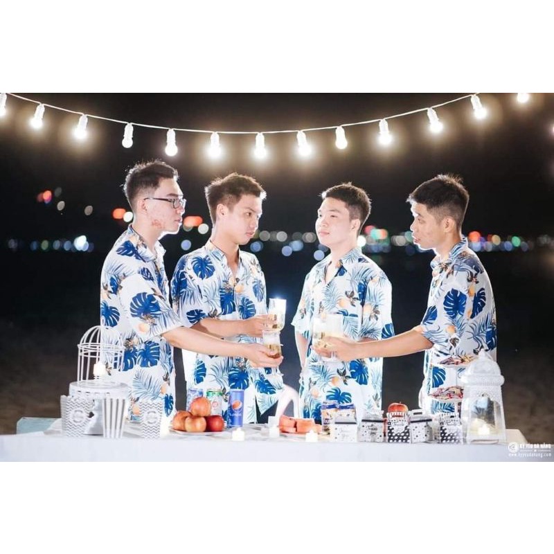 Quần áo đi biển, nguyên bộ sơ mi hoa lá đi biển cao cấp - đủ size cho cả nhà - chất vải tơ đũi mền mịn