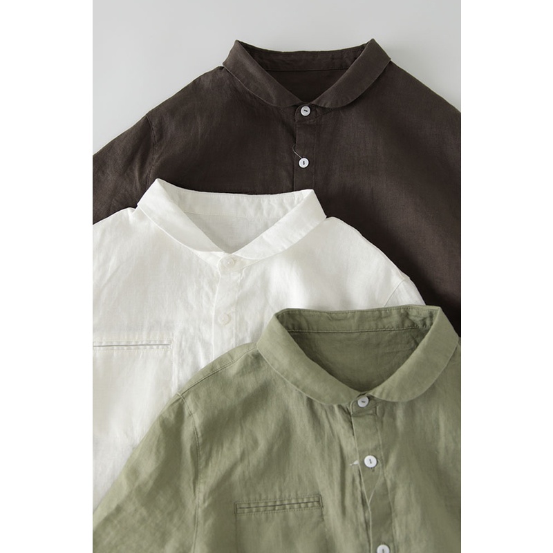 Ice cotton linen short-sleeved shirt Japanese stand-up collarblouse second to kill the big brand withdraw single cut label