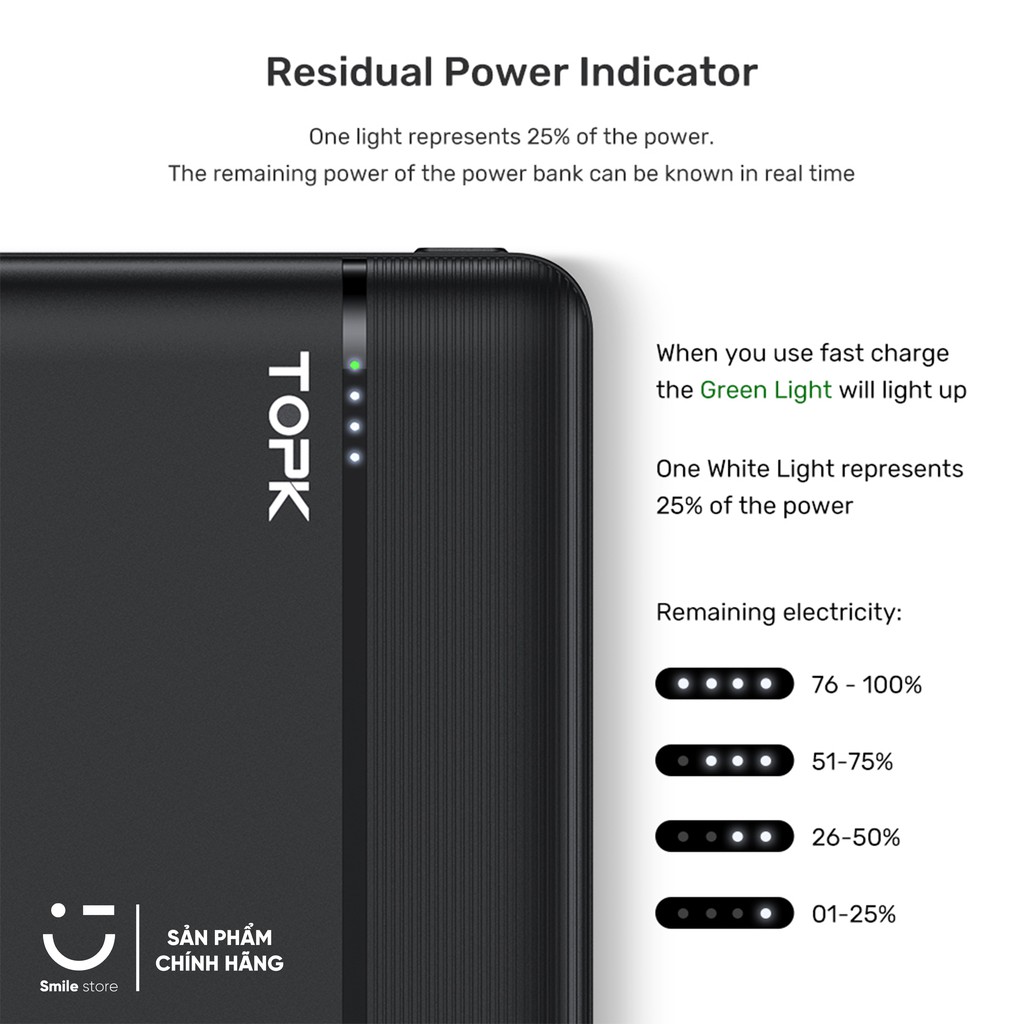 Pin Dự Phòng TOPK I1015P 18W QC 3.0 PD 18W 10000mAh Hỗ Trợ Sạc Nhanh