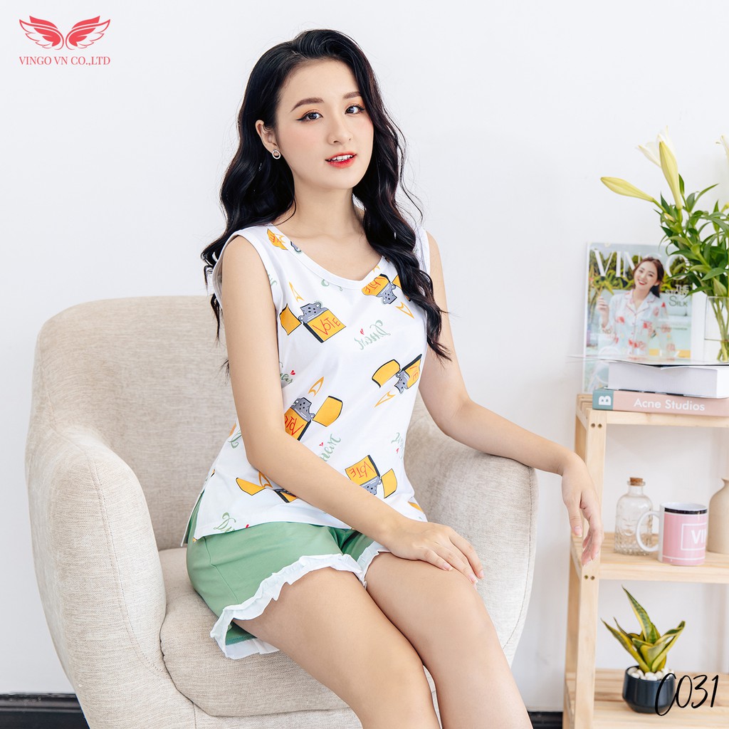 Đồ Bộ Nữ Pijama Mặc Nhà VINGO Chất Cotton Thoáng Mát Áo Ba Lỗ Sát Nách Họa Tiết Quần Cộc Xanh Viền Bèo Mùa Hè C031 VNGO