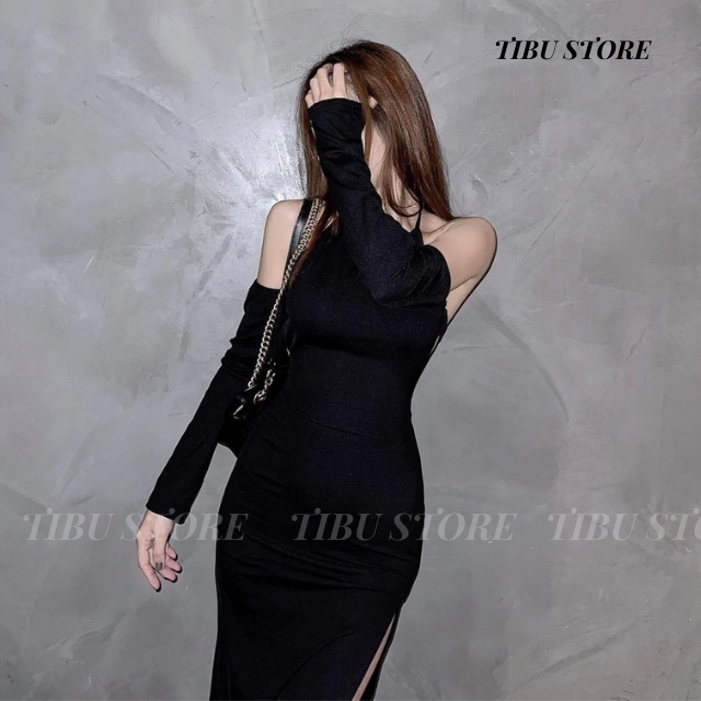 Đầm body sexy tay dài ôm trễ vai TIBU, Đầm yếm xốp trễ vai xẻ tà màu đen cá tính thời trang nữ
