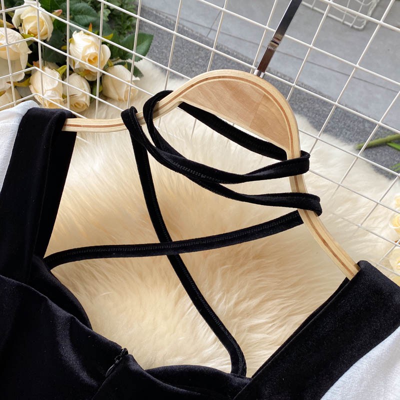 Váy Nhung Dự Tiệc Phối Tay Dây Đai Cổ Hàng Thiết Kế Tôn Dáng Sang Trọng | BigBuy360 - bigbuy360.vn