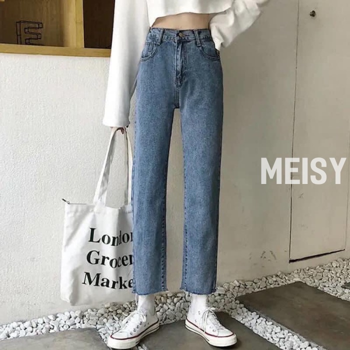 Quần jean ống đứng suông lửng cạp lưng cao rách gấu màu xanh phong cách Ulazzang Meisy