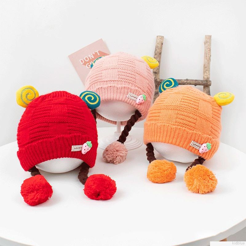 Mũ beanie dệt kim đính quả bông co giãn phong cách thu đông đáng yêu cho bé gái 0-1 tuổi