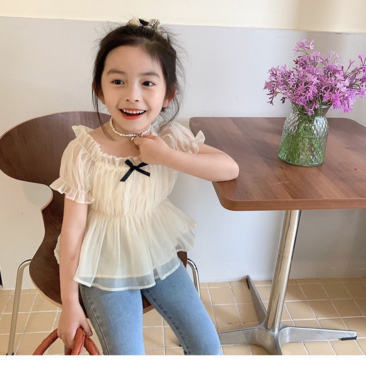 Áo Kiểu Tay Ngắn Phồng Hở Vai Phong Cách Phương Tây Dành Cho Bé Gái