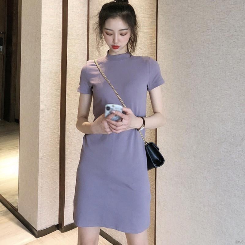 Đầm Tay Ngắn Cổ Tròn Màu Trơn Thiết Kế Đơn Giản Phong Cách Hàn Quốc