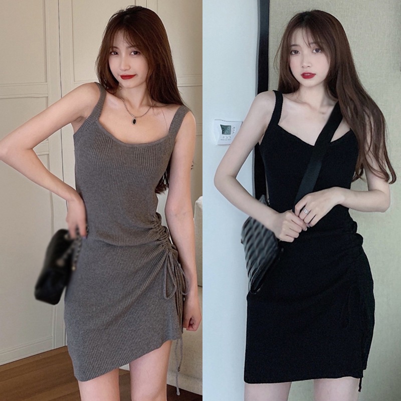 Đầm Cổ Vuông Dáng Ôm Màu Sắc Trơn Phối Dây Rút Thời Trang Mùa Hè Hàn Quốc Xinh Xắn