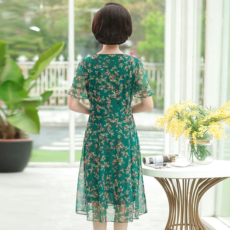 Thời trang trung niênTrang phục mùa hè của mẹ, váy ngắn tay cho phụ nữ trung niên, mẫu mới 40 tuổi, 50 vải lưới đầ