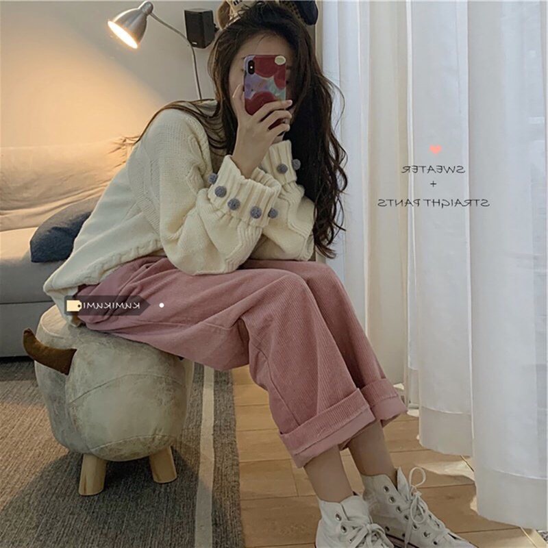 Quần nhung tăm ống rộng nữ lưng cao 3 màu đen hồng kem dài 100cm suông phong cách Hàn Quốc hot trend Kozoda Q0