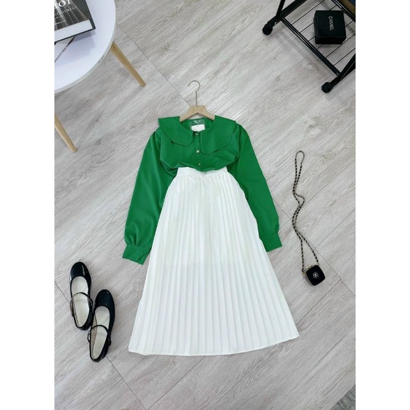 SET ÁO SƠMI XANH LÁ + CHÂN VÁY LI TRẮNG