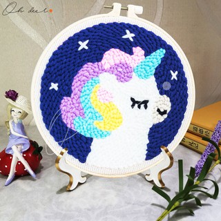 Bộ tranh thêu len nổi Handmade - Punch Needle- Kỳ Lân cầu vồng trang trí (Kèm bút thêu)