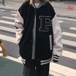 Áo khoác bomber nỉ đen phối tay trắng chữ F Ht