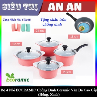 Bộ 4 nồi gốm sứ ECORAMIC bếp ga điện chống dính size 18 20 22 24 cm màu hồng tặng 2 nhắc nồi sillicon và chảo tròn