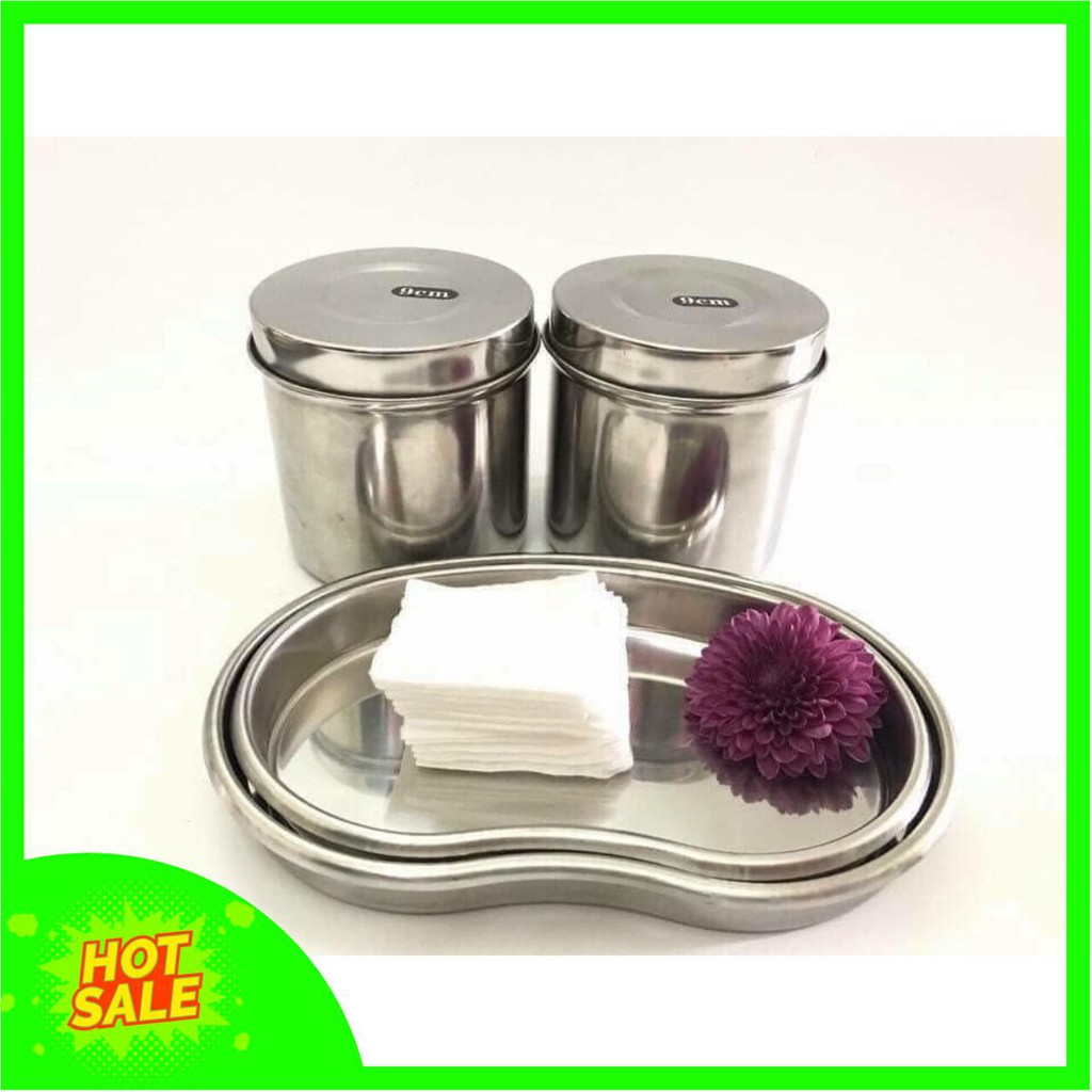 Combo khay hạt đậu + hũ inox đựng bông y tế dùng trong phòng khám, Spa, TMV