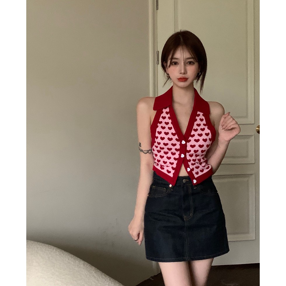Áo lửng XIAOZHAINV hai dây họa tiết trái tim quyến rũ thời trang dành cho nữ