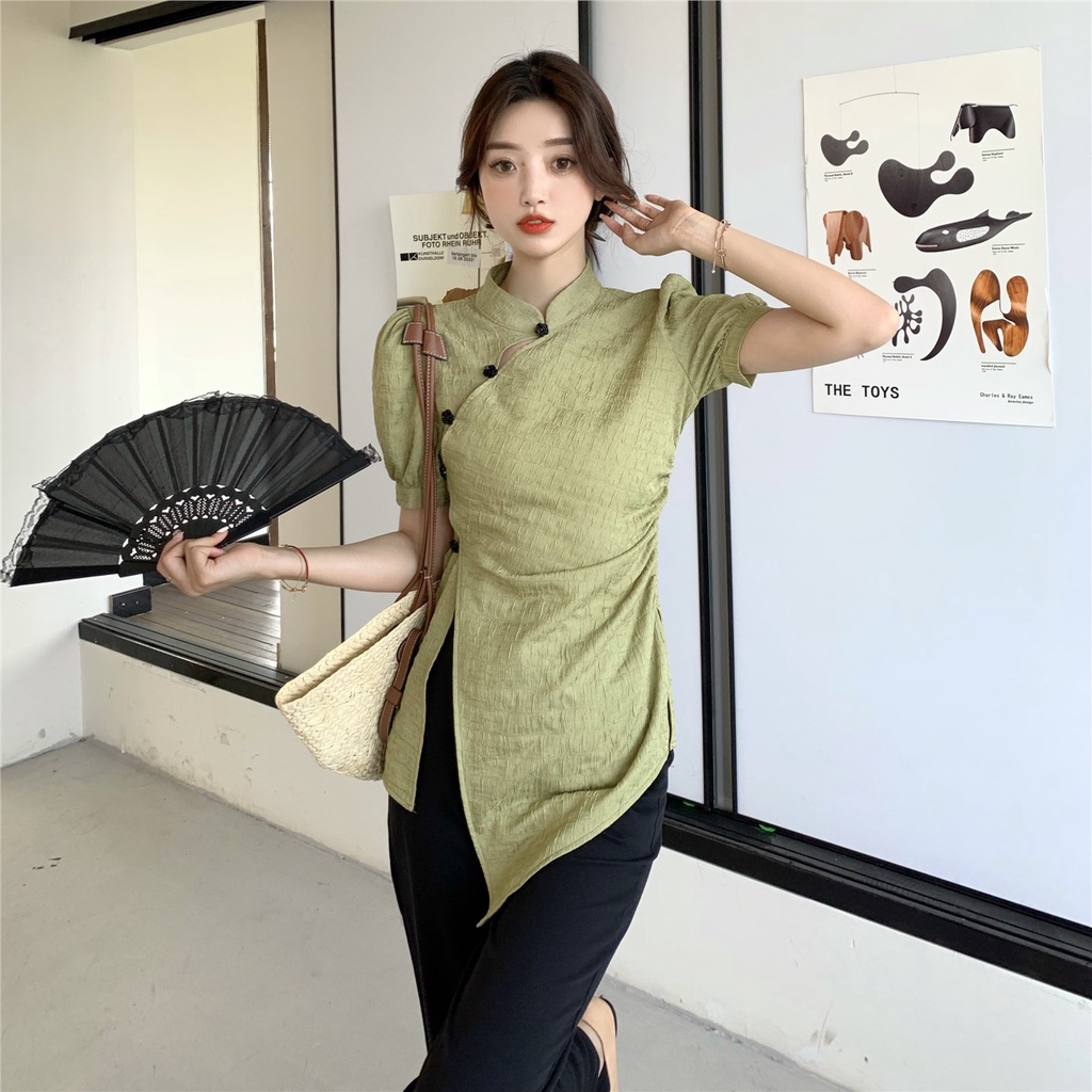 Áo Sơ Mi Cách Tân Tay Ngắn Dáng Ôm Phong Cách retro Thời Trang Cho Nữ