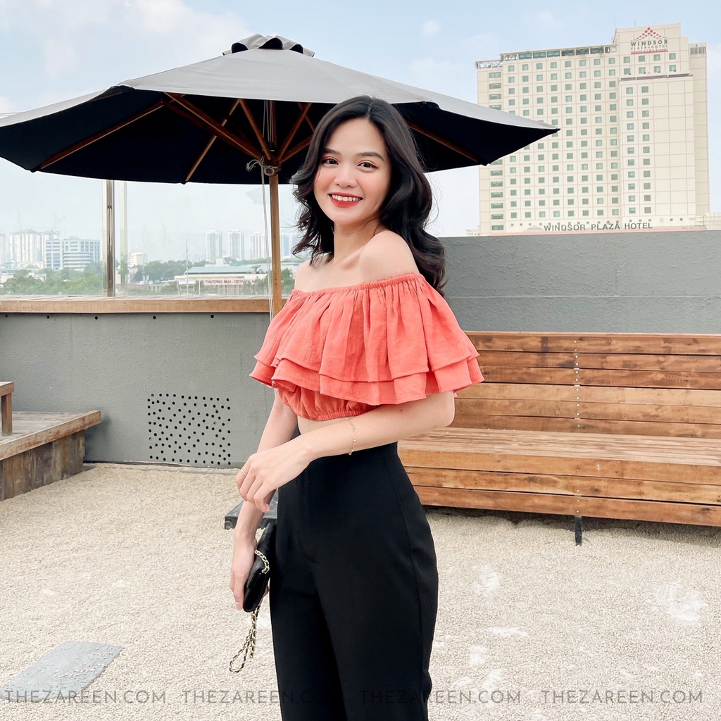 ÁO CROPTOP TRỄ VAI 2 TẦNG VOA78 CAM