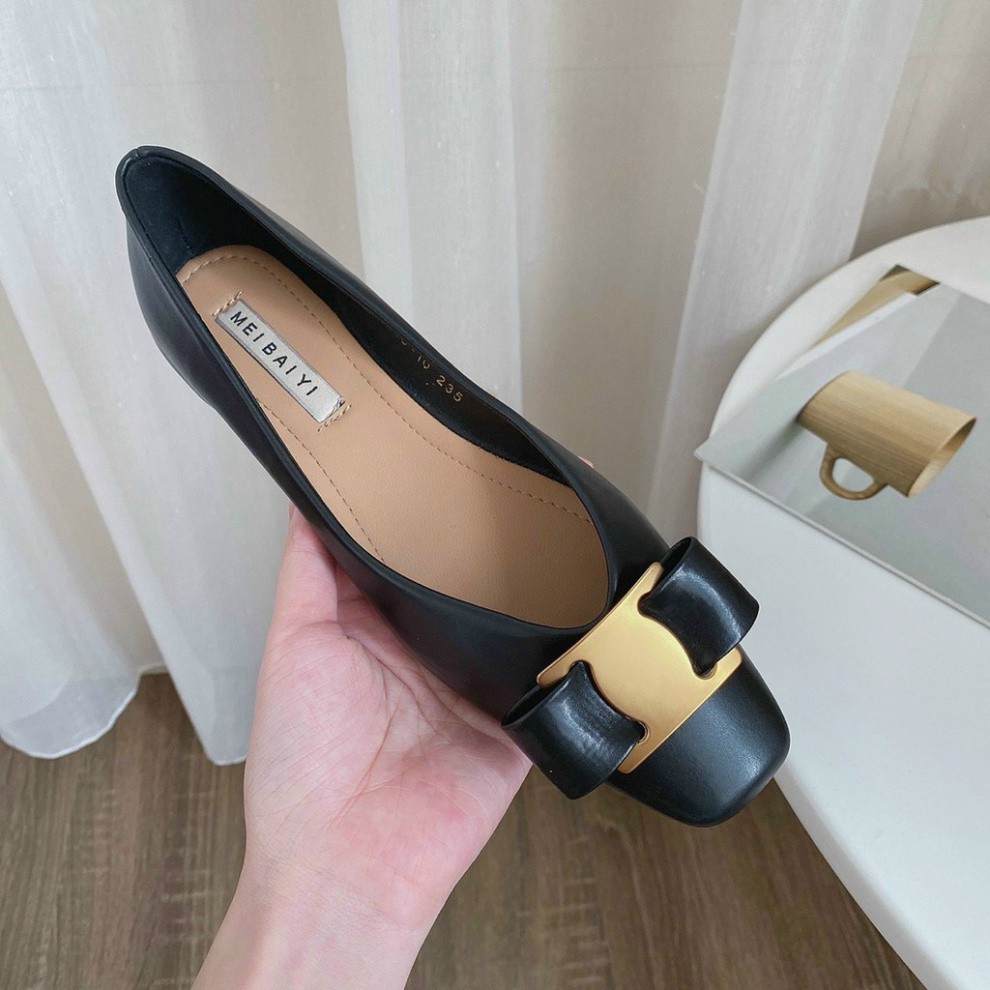 [Hàng Fullbox - Cao Cấp] Giày nữ đế bệt nơ Salvatore mũi vuông búp bê màu Đen ôm chân êm chân công sở đi làm dự tiệc đi | BigBuy360 - bigbuy360.vn