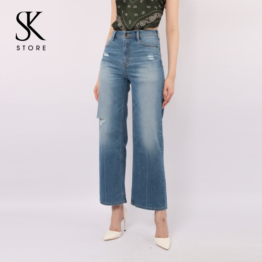 Quần Jeans Nữ SK Korea Ống Rộng Màu Xanh Navy Trẻ Trung DWD2113015