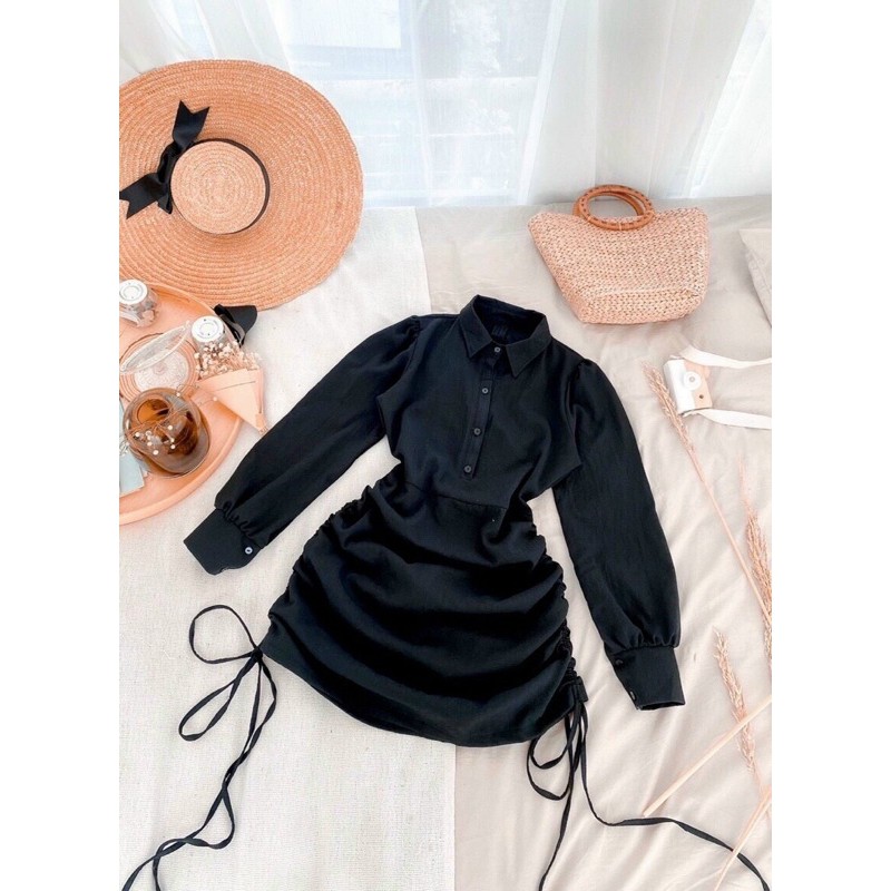 ĐẦM SƠMI BODY RÚT DÂY TRẮNG ĐEN, ÁO SƠ MI FORM DÀI TAY NHÚN SIÊU XINH | BigBuy360 - bigbuy360.vn