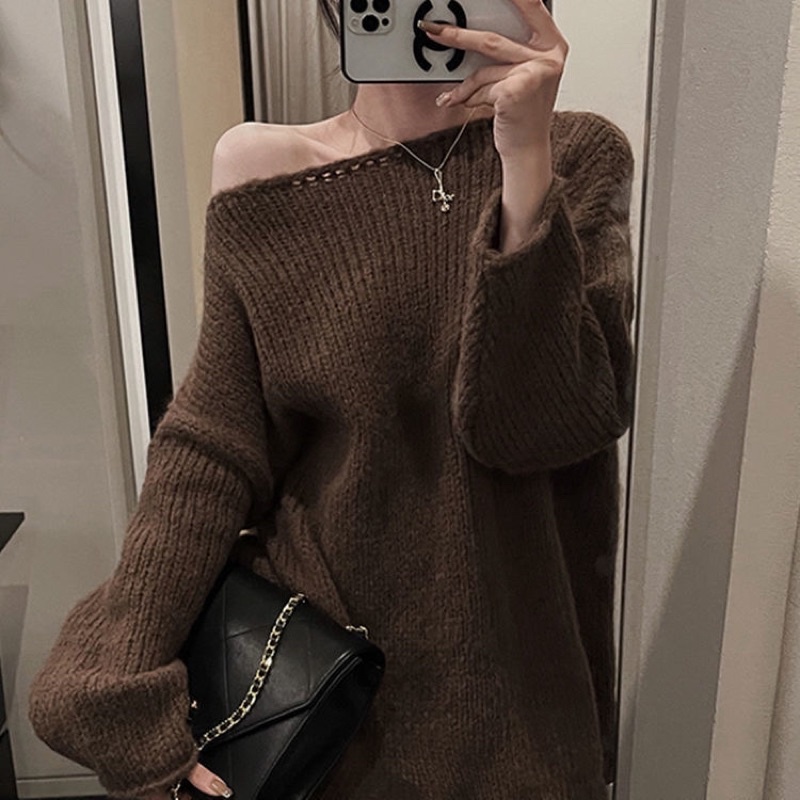 Áo len lệch vai nữ xẻ tà basic dáng rộng oversize hot ulzzang