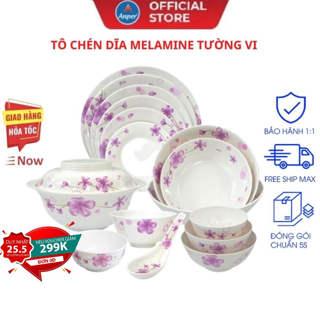 Bộ tô chén bát dĩa nhựa Melamine Anper chất liệu nhựa cao cấp kiểu dáng hoa Tường Vi sang trọng an toàn sức khỏe