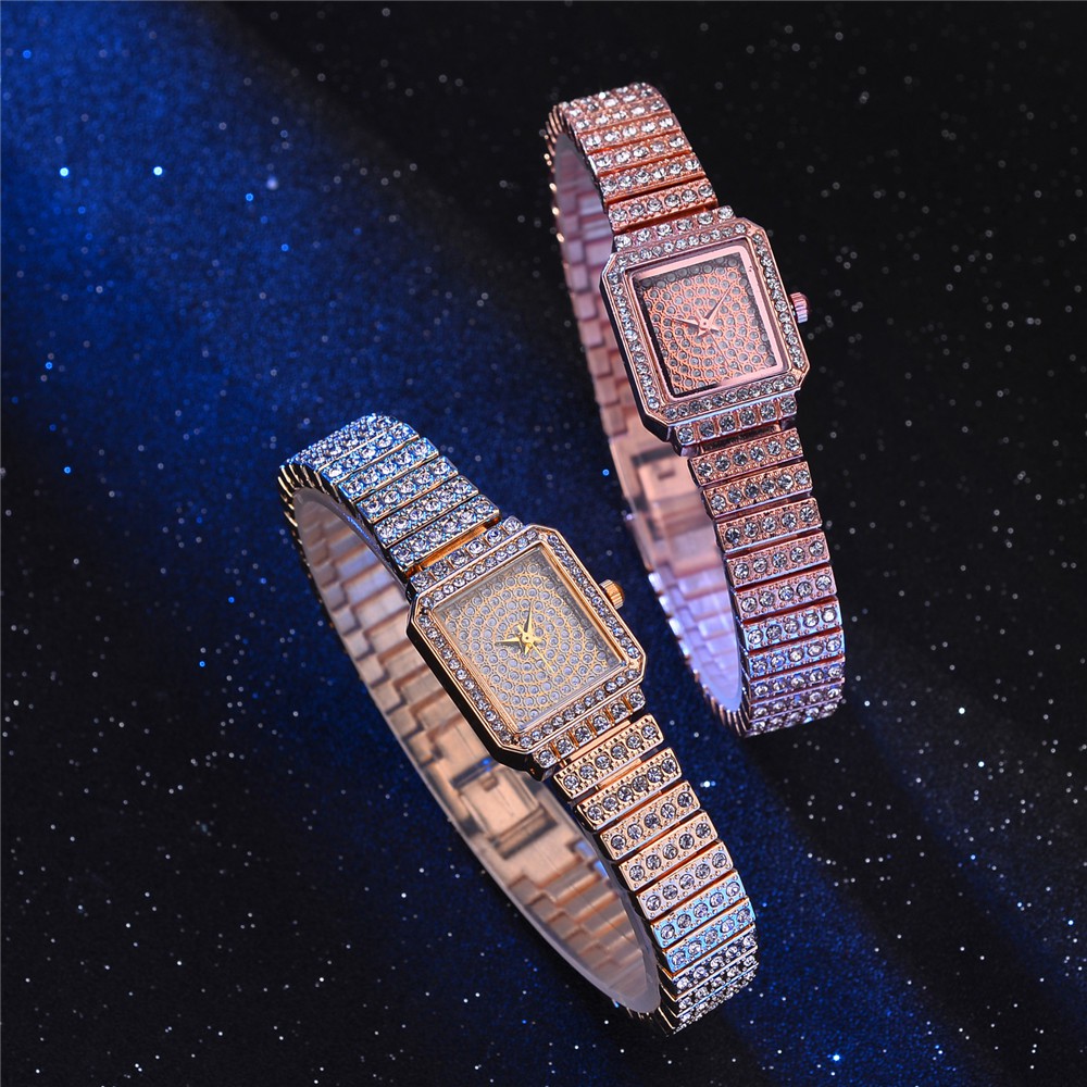 Đồng hồ nữ dây thép không gỉ mặt vuông đính đá sang trọng