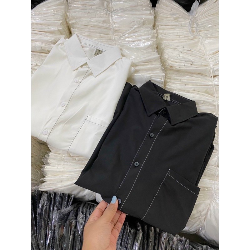 [Mã 11FASHIONSALE1 giảm 10K đơn 50K] Áo Sơ Mi Chỉ Nổi Nữ- Dáng Rộng Oversize, Sơ Mi Công Sở Túi Vuông Chất Lụa 2 Màu | BigBuy360 - bigbuy360.vn