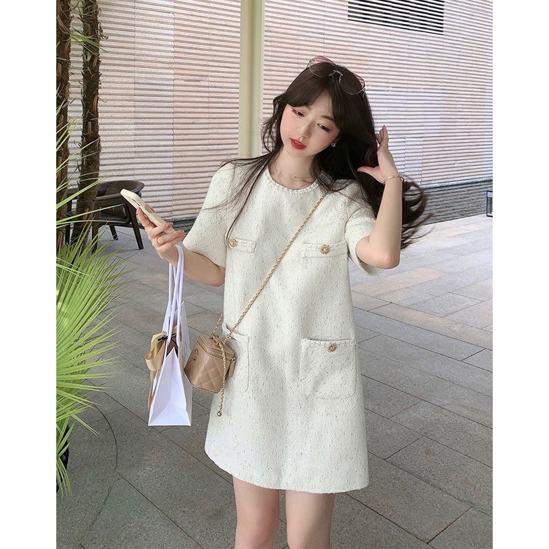 Order-Đầm dạ dáng suông màu trắng vintage Hàn Quốc
