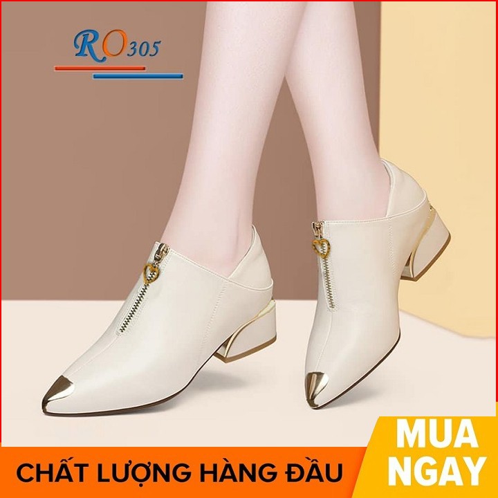 Giày boot nữ cổ thấp 4 phân hai màu đen kem hàng hiệu rosata ro305