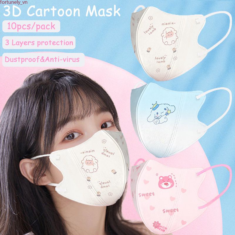 Set 10 khẩu trang 3 lớp 3D họa tiết hoạt hình gấu Winne/ cừu/ Cinnamoroll sử dụng một lần