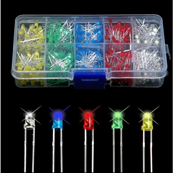 Combo led 3mm+5mm 300 chiếc 5 màu, 3mm 40chiếc/màu, 5mm 20chiếc/màu