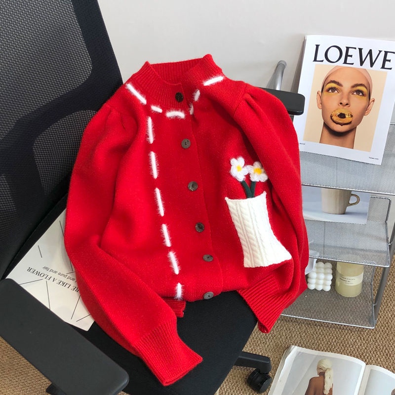 Áo khoác cardigan dệt kim Pure Cube dáng rộng ngắn thêu họa tiết tươi mới xinh xắn cho nữ