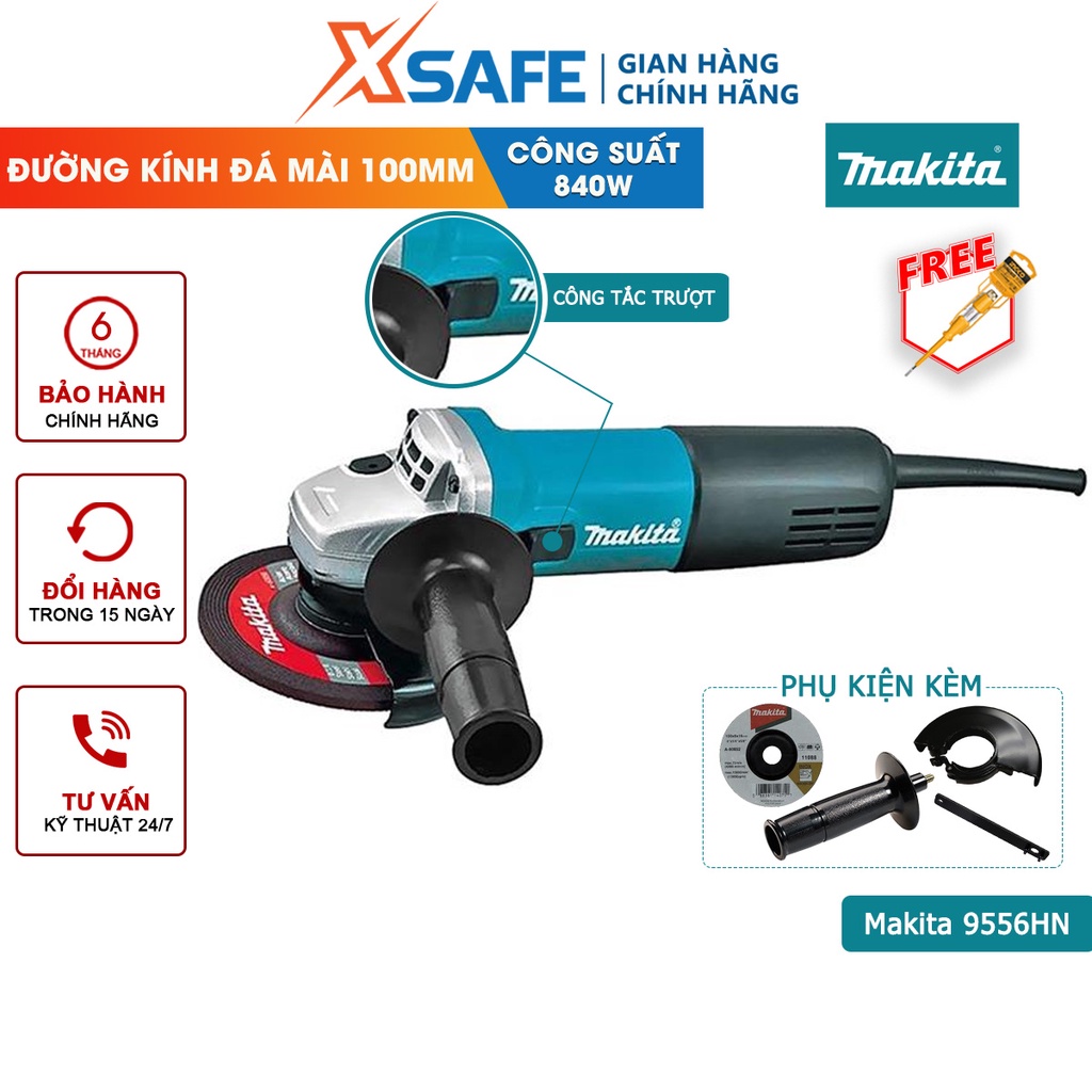 Máy mài góc cầm tay MAKITA 9556HN công tắc trượt, công suất 840W, tốc độ không tải 11000 rpm - xsafe