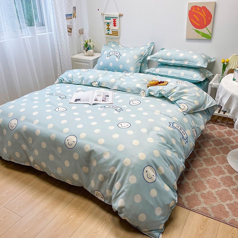 SET CHĂN GA GỐI COTTON XANH CHẤM BI SIÊU XINH