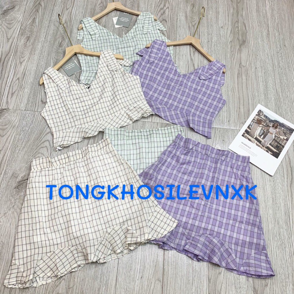 SET ÁO CROPTOP KẺ CARO VẠT BÈO CỔ V MIX CHÂN VÁY CARO ĐUÔI CÁ HOT