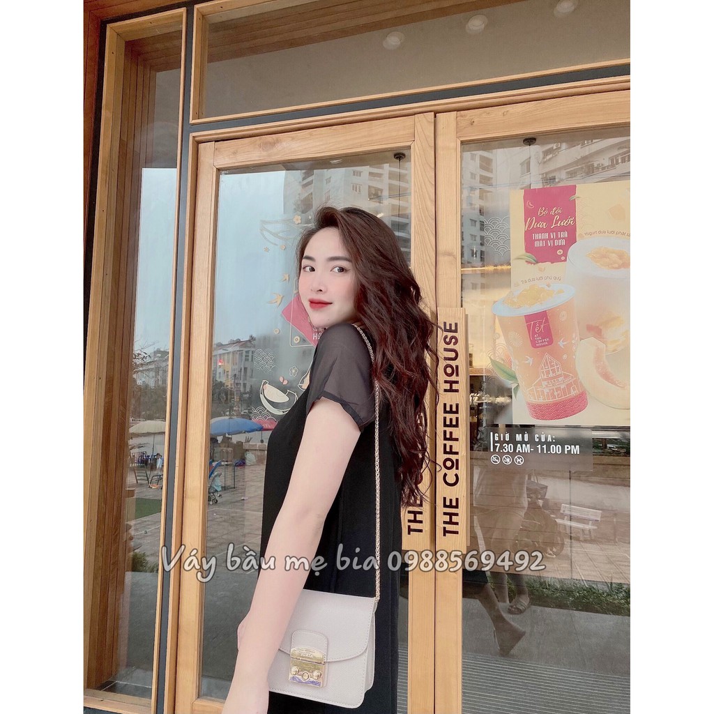 Đầm Bầu Công Sở - Váy Bầu GUME màu đen phối chân và tay voan tơ nhẹ nhàng chất vải sạn lụa size từ 40-100kg - MB62