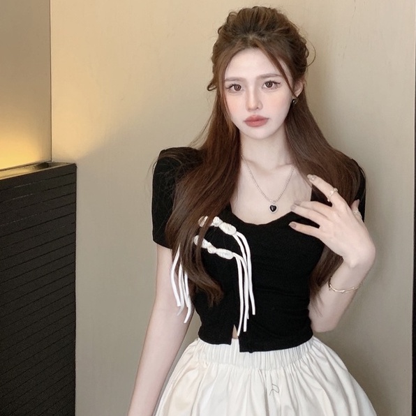 Áo thun ZHELIHANGFEI dệt kim ngắn tay phối nút thời trang cho nữ