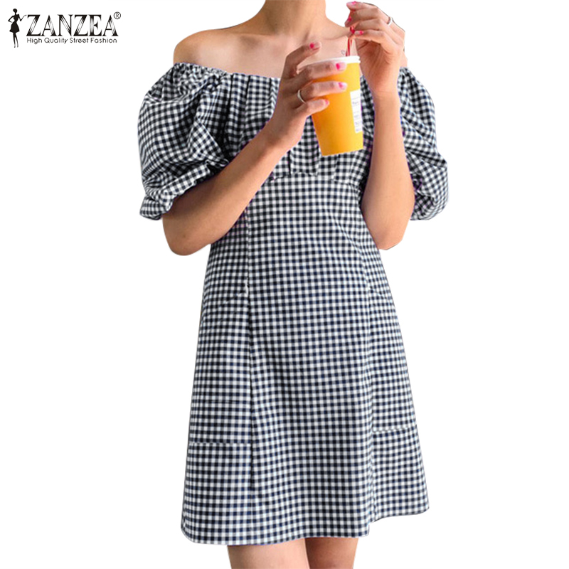 ZANZEA Women Off Shouder Plaid Elastic Cuff Square Collar Casual Mini Dress