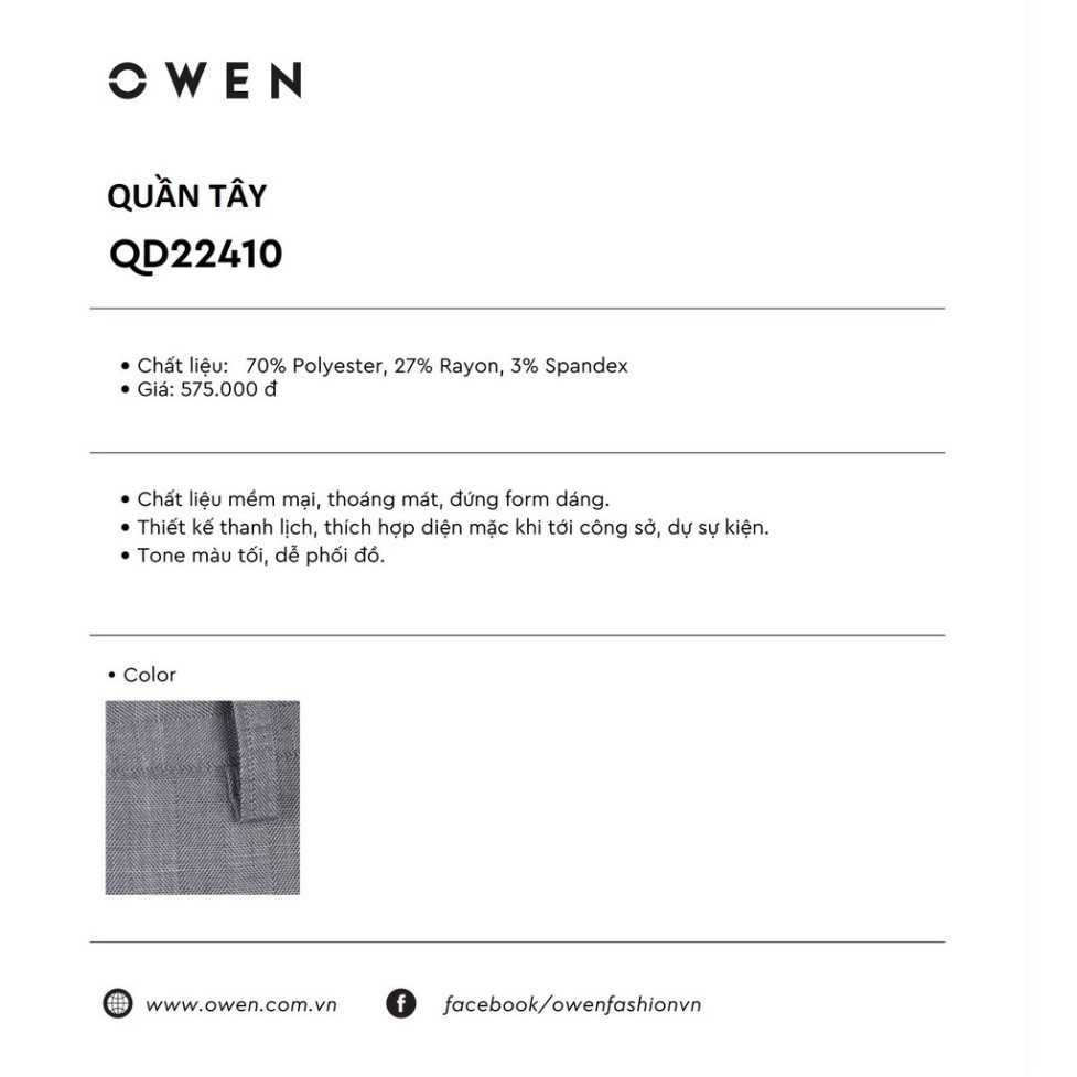 OWEN - Quần âu nam Owen dáng ôm màu xám 22410 [Cam kết chính hãng]